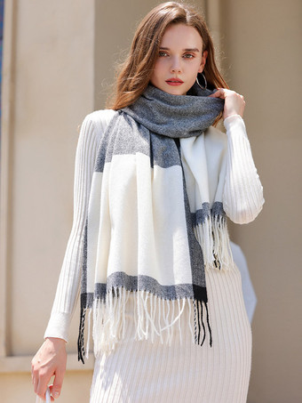 グレイクラシックなチェック柄スカーフ フリンジ付き デイリー カジュアル スカーフ 女性用