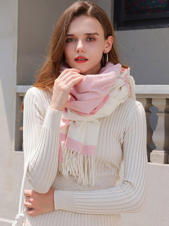 ピンククラシックなチェック柄スカーフ フリンジ付き デイリー カジュアル スカーフ 女性用