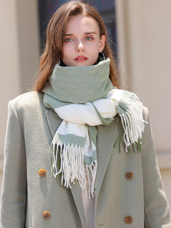 グリーン クラシックなチェック柄スカーフ フリンジ付き デイリー カジュアル スカーフ 女性用