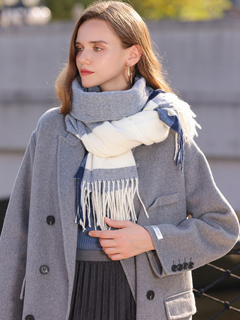 ダークネイビークラシックなチェック柄スカーフ フリンジ付き デイリー カジュアル スカーフ 女性用