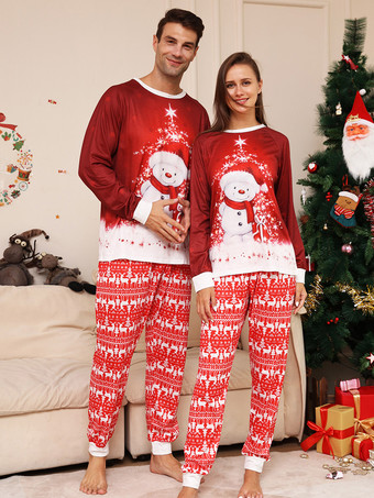 レッドファミリーセーターラウンドネック長袖雪だるま柄パジャマ