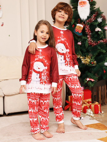 レッドファミリーセーターラウンドネック長袖雪だるま柄パジャマ