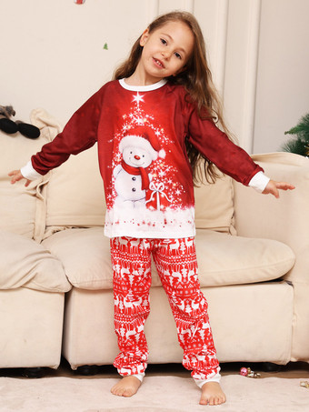 レッドファミリーセーターラウンドネック長袖雪だるま柄パジャマ