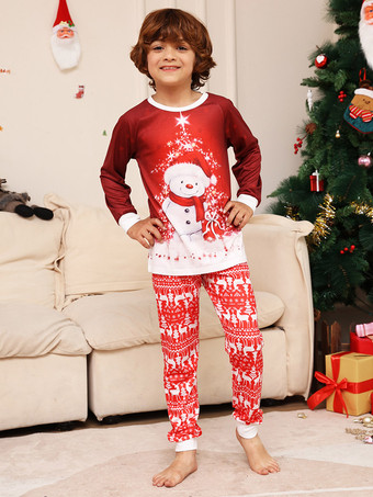 レッドファミリーセーターラウンドネック長袖雪だるま柄パジャマ