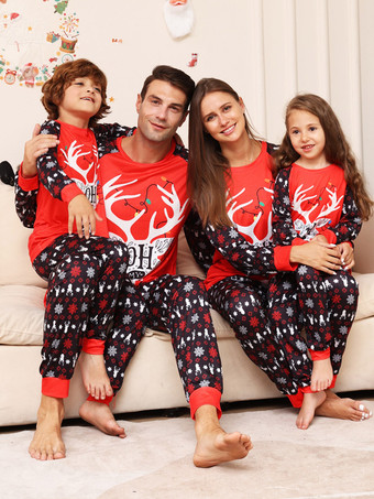 レッドファミリーセーターラウンドネック長袖クリスマスパターンパジャマ