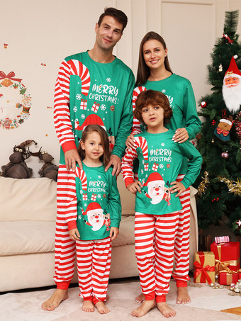 グリーンファミリーセーターラウンドネック長袖クリスマスパターンパジャマ