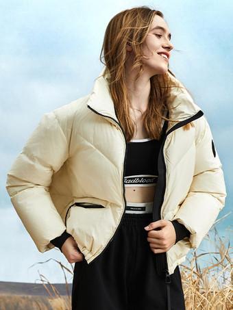 Crest Patch Puffer Coat Stand Collar Zip Up Solid Color Down Jacket -  Milanoo.com