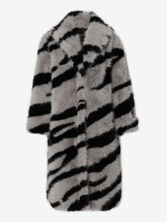 ゼブラプリントフェイクファーコート ターンダウンカラー オーバーサイズ エコフレンドリー ロングジャケット レディース 2025