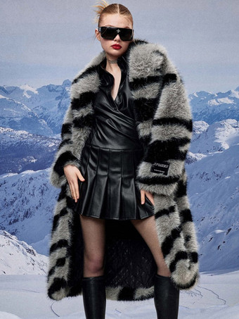 ゼブラプリントフェイクファーコート ターンダウンカラー オーバーサイズ エコフレンドリー ロングジャケット レディース 2025