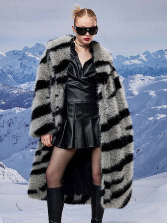 ゼブラプリントフェイクファーコート ターンダウンカラー オーバーサイズ エコフレンドリー ロングジャケット レディース 2025