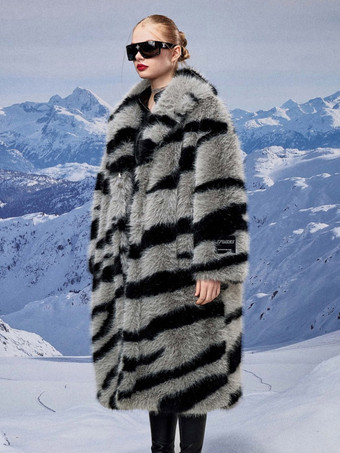 ゼブラプリントフェイクファーコート ターンダウンカラー オーバーサイズ エコフレンドリー ロングジャケット レディース 2025