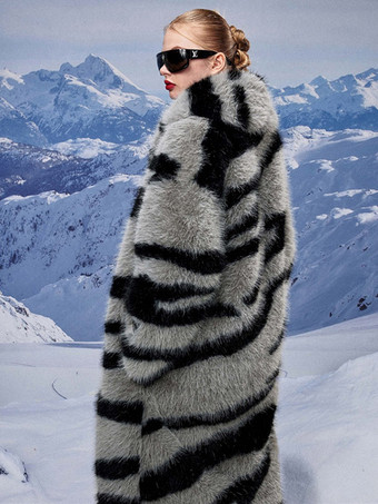 ゼブラプリントフェイクファーコート ターンダウンカラー オーバーサイズ エコフレンドリー ロングジャケット レディース 2025