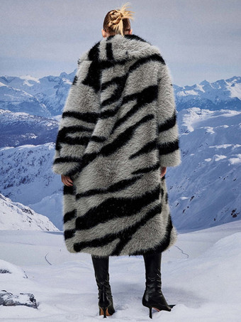 ゼブラプリントフェイクファーコート ターンダウンカラー オーバーサイズ エコフレンドリー ロングジャケット レディース 2025