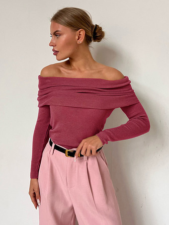 ブリックレッド女性のためのオフショルダープルオーバー長袖秋冬セーター