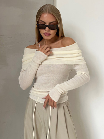 ホワイト 女性のためのオフショルダープルオーバー長袖秋冬セーター