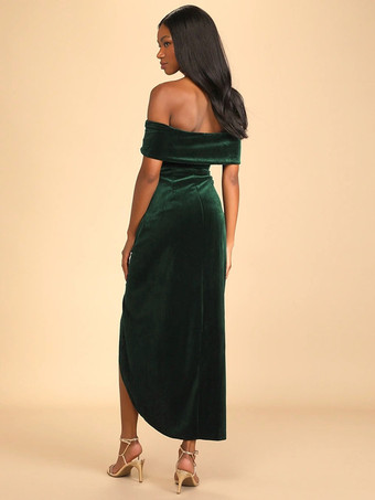 ベルベット マキシ ドレス オフショルダー ハイ スリット プリーツ カクテル プロ ム ドレス ワインレッド