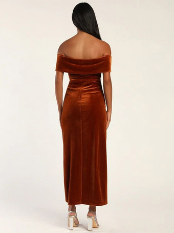 ベルベット マキシ ドレス オフショルダー ハイ スリット プリーツ カクテル プロ ム ドレス ワインレッド