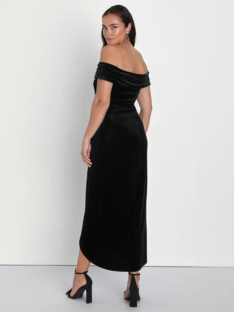 ベルベット マキシ ドレス オフショルダー ハイ スリット プリーツ カクテル プロ ム ドレス ワインレッド