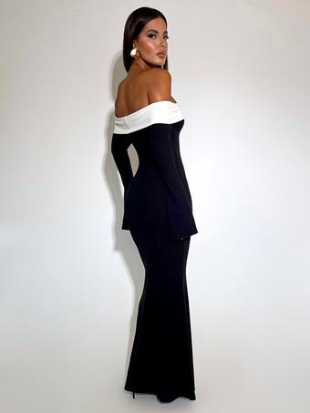 Bodycon Dresses Two-Tone Black Bateau Neck Open Shoulder Casual Long  Sleeves Pencil Dress