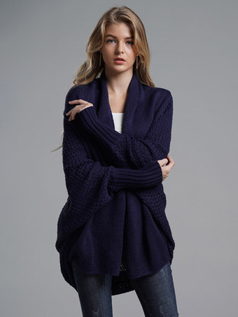 ダークネイビーレディース セーター バットウィング スリーブ オープン フロント カーディガン 秋冬用