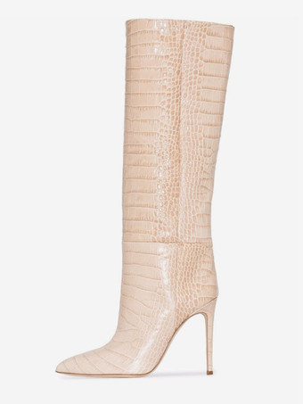 ライト アプリコットピンク ニーハイ ブーツ クロコ柄ポインテッドトゥ ハイヒール ブーツ