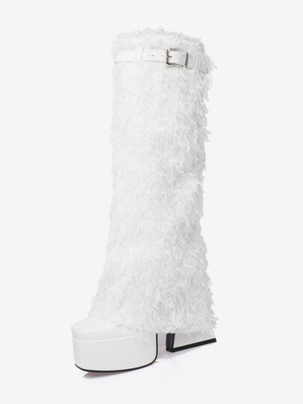 ブラック プラットフォーム バックル フェイク ファー ディテール ニーハイ ブーツ