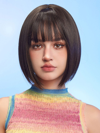 Perruques moyennes synthétiques femmes Bobs brun foncé Rayonne Perruque moyenne