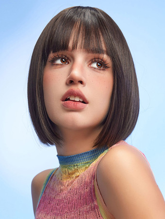 marron foncéPerruques moyennes synthétiques femmes Bobs brun foncé Rayonne Perruque moyenne