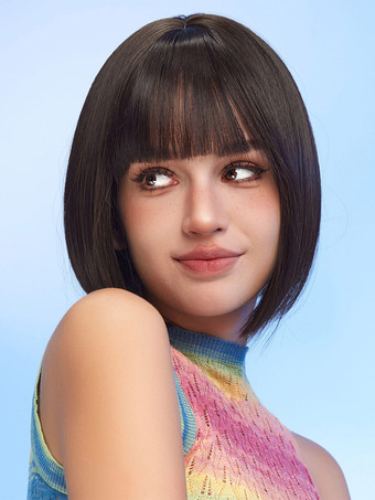 Perruques moyennes synthétiques femmes Bobs brun foncé Rayonne Perruque moyenne