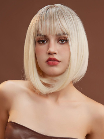 Parrucche Bob Medi Con Frangetta Parrucca da donna color oro chiaro