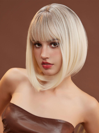 Parrucche Bob Medi Con Frangetta Parrucca da donna color oro chiaro