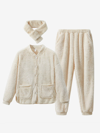 ソリッドカラーフランネルラウンジセットスカーフホームウェア付きフロントボタンポケット