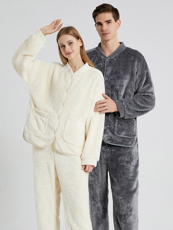 ソリッドカラーフランネルラウンジセットスカーフホームウェア付きフロントボタンポケット