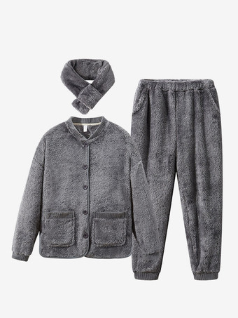 ソリッドカラーフランネルラウンジセットスカーフホームウェア付きフロントボタンポケット