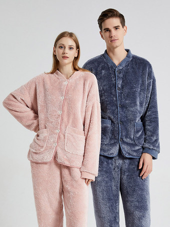 ダークネイビーソリッドカラーフランネルラウンジセットスカーフホームウェア付きフロントボタンポケット