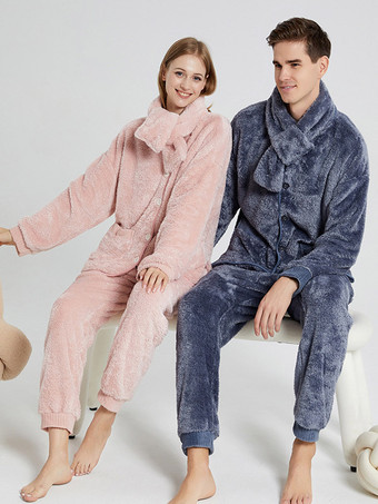 ソリッドカラーフランネルラウンジセットスカーフホームウェア付きフロントボタンポケット