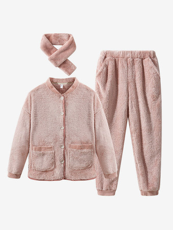 ソリッドカラーフランネルラウンジセットスカーフホームウェア付きフロントボタンポケット