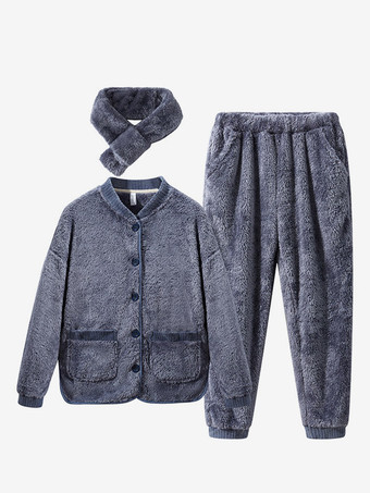 ソリッドカラーフランネルラウンジセットスカーフホームウェア付きフロントボタンポケット