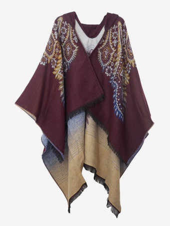 ブラウン 女性ポンチョプリントフード付きレッド特大フリンジケープ