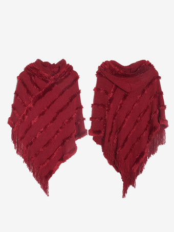 ワインレッド 女性ポンチョ フード付き グリーン 特大 フリンジ ケープ