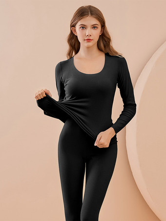 ブラック サーマルアンダーウェア スクープネック 長袖 レディース ベースレイヤー 2枚セット