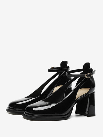 Nero Décolleté da donna. Bella punta quadrata in pelle verniciata che aumenta l'altezza