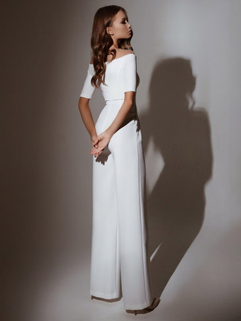 ブライダルジャンプスーツ ストレッチクレープ マキシレングスジャンプスーツ Vネック 半袖 ナチュラルウエスト アイボリー