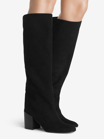 ブラック ニーハイ ブーツ ポインテッドトゥ ブロック ヒール ブーツ