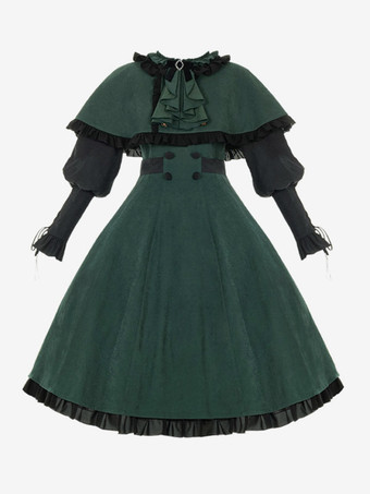 ゴシックロリータドレス フリル リボン ダークグリーン OP マント 2ピースセット