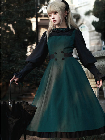 ゴシックロリータドレス フリル リボン ダークグリーン OP マント 2ピースセット
