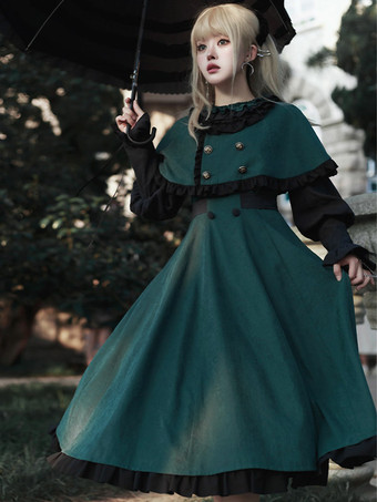 ゴシックロリータドレス フリル リボン ダークグリーン OP マント 2ピースセット