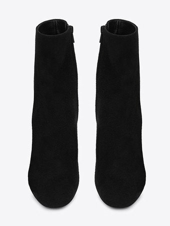ブラック スエード ブロック ヒール ポインテッドトゥ アンクル ブーツ