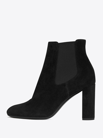 ブラック ブラック チェルシー ブーツ レディース ポインテッドトゥ チャンキー ヒール ブーティ