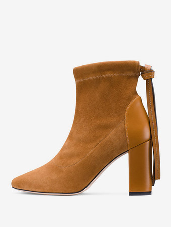 ブラウン レディース スエード パッチワーク チャンキー ヒール アンクル ブーツ タッセル付き